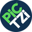 Walls, Rebooted Pictzi WordMark: PiC in bright green. TZi in white. Stacked and angled at 45 degrees. Navy Background.