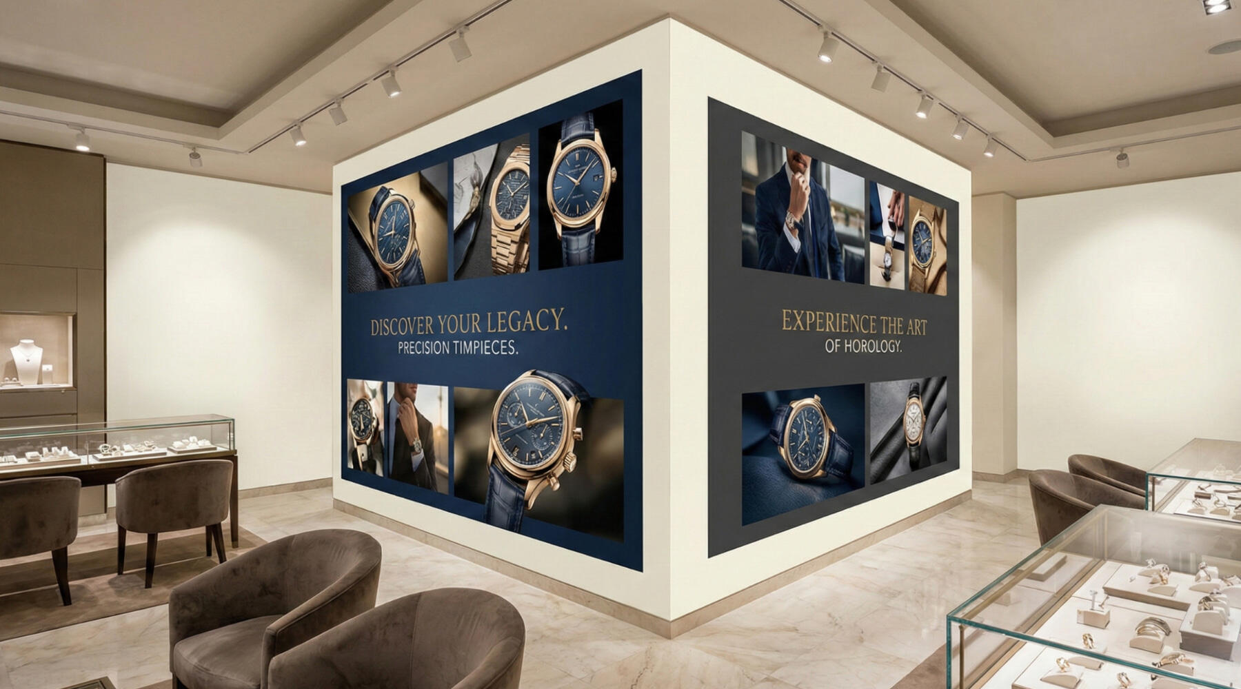 Conversion Wall A luxury watch showroom with marble floors and glass counters. A central corner wall features two large conversion walls: the left side is navy blue with gold text reading "Discover Your Legacy" and several watch images; the right side is dark grey.
