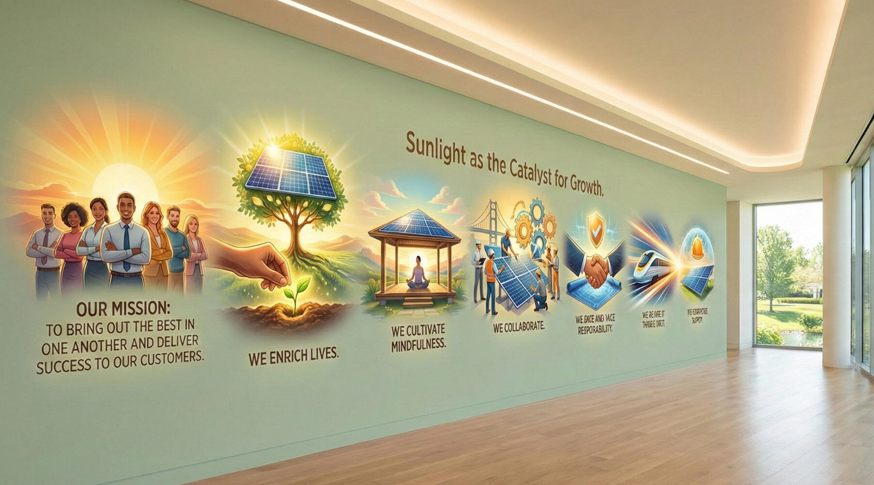 Culture Corridors A wide-angle shot of a corporate culture corridor with a large wall mural on a light green background. The mural is titled "Sunlight as the Catalyst for Growth" and features a series of vibrant illustrations.
