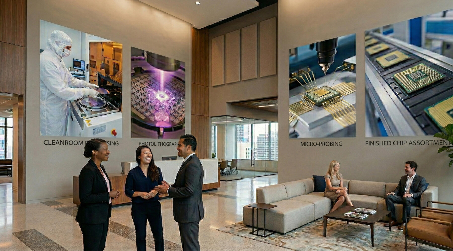 Immersive InfoScapes A wide-angle view of a modern corporate lobby featuring an immersive InfoScape display titled "Microprocessor Fabrication Process." The panels use detailed illustrations and text to explain stages like Ingot Slicing, Lithography, Doping, & Metallization.