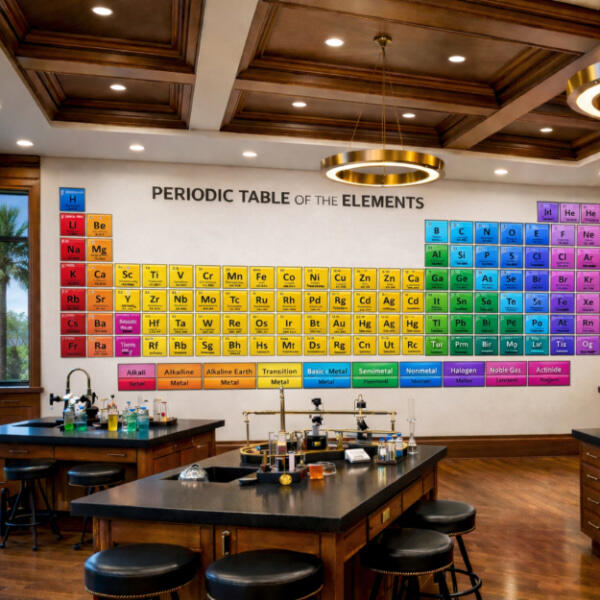 Education & Culture An upscale science laboratory featuring a large, vibrant Periodic Table of the Elements InfoScape on the back wall. The table is color-coded by element type with a clear legend underneath. In the foreground, dark wooden lab stations with black surfaces.