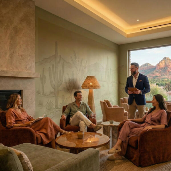 Dining & Hospitality A warm, upscale resort lounge where three guests sit in comfortable rust-colored armchairs. A man in a navy blazer stands beside them, holding a tablet. The room features a large, subtle line-art mural of a desert scene with cacti.