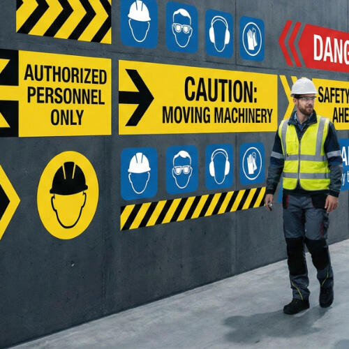 Maximize Safety A worker in a hard hat and high-visibility vest walks past a dark concrete wall featuring bold yellow and black caution signs and blue PPE icons. The display includes warnings for "Authorized Personnel Only" and "Moving Machinery."